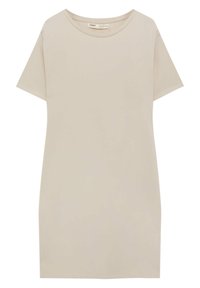 Beige lyhythihainen mekko, jossa on pyöreä pääntie. Valmistettu pehmeästä kankaasta, jossa on suora siluetti ilman kuvioita tai koristeluja.