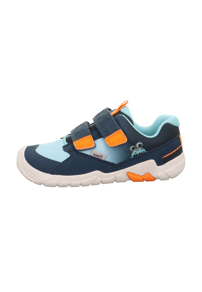Blaue und aqua Kinder-Sportschuhe mit verstellbaren Klettverschlüssen, strukturiertem Obermaterial, gepolstertem Kragen und weißer Gummisohle.