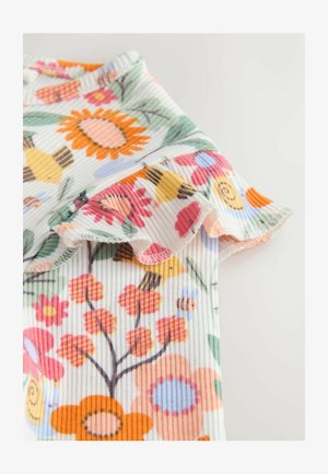 Tessuto leggero a coste con motivo floreale con accenti arancioni, rosa e gialli. Orlo arricciato e dettagli colorati con api nel design.