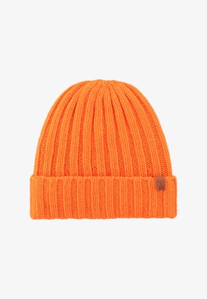Feloranje gebreide beanie met ribbeltextuur, omgevouwen rand en een klein bruin label met de merknaam.
