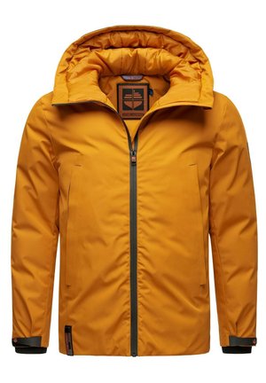 Dzeltena ūdensizturīga jaka ar augstu apkakli, pilnu priekšējā rāvējslēdzēju un elastīgām piedurknēm. Satur logo plāksteri un elegantu, izsmalcinātu dizainu.