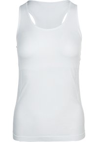 Witte mouwloze tanktop van zacht materiaal met een gladde textuur. Heeft brede bandjes en een racerback ontwerp voor extra comfort.