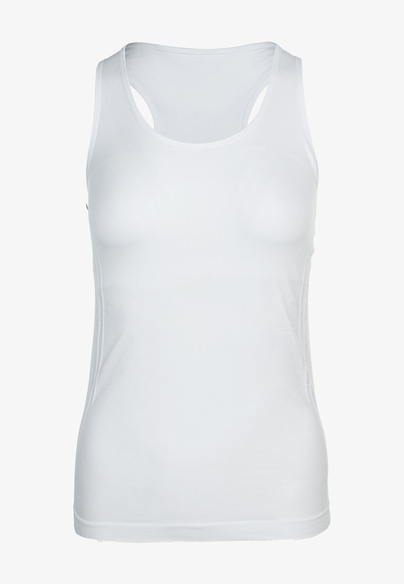 Witte mouwloze tanktop van zacht materiaal met een gladde textuur. Heeft brede bandjes en een racerback ontwerp voor extra comfort.