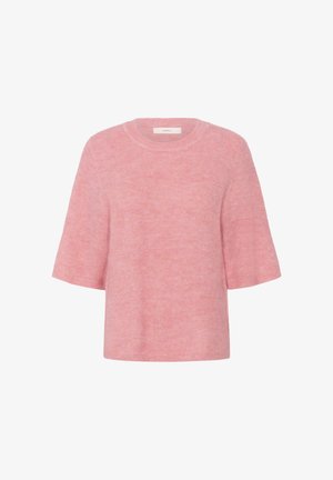 Weicher rosa kurzärmeliger Strickpullover mit Rundhalsausschnitt und lockerer Passform, flach auf weißem Hintergrund gelegt.