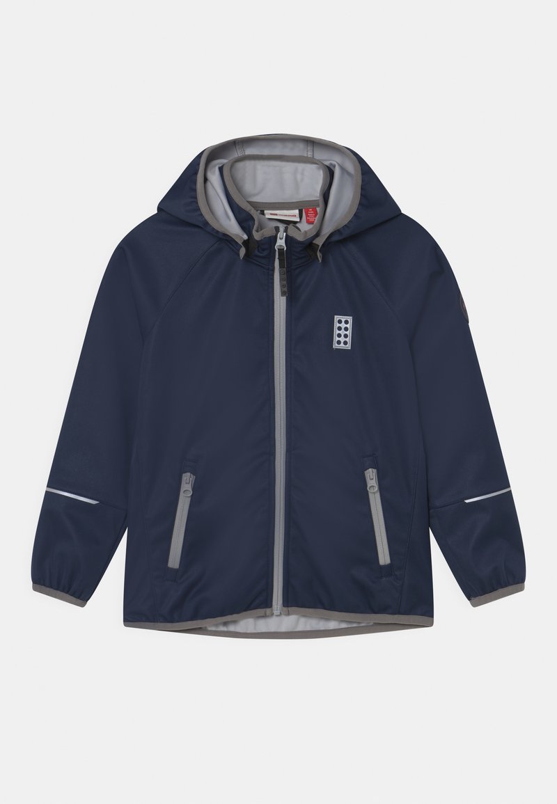 Veste coupe-vent bleu marine avec des accents gris, devant zippé et capuche. Comprend deux poches latérales et des détails réfléchissants sur les manches.