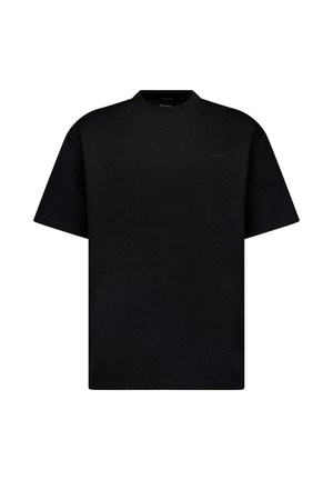 Zwart T-shirt met korte mouwen gemaakt van katoen, voorzien van een ronde hals en een minimalistisch ontwerp zonder zichtbare patronen of accenten.