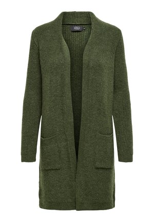 Cardigan verde lavorato a maglia con apertura frontale, maniche lunghe, due tasche anteriori e texture a coste. Il tessuto sembra morbido e caldo.