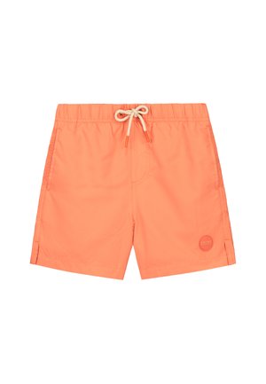 Schwimmshorts in leuchtendem Koralle, aus leichtem Stoff gefertigt. Elastischer Bund mit Kordelzug, seitlichen Taschen und einem runden Logopatch.