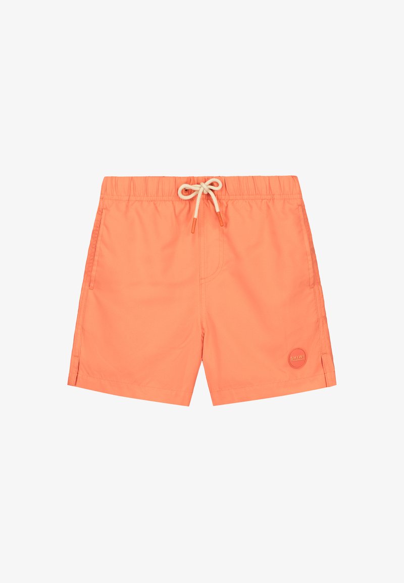 Peldbikses spilgti korallkrāsā, izgatavotas no viegla auduma. Elastīga josta ar aukliņu, sānu kabatas un apaļa logo uzlīme.