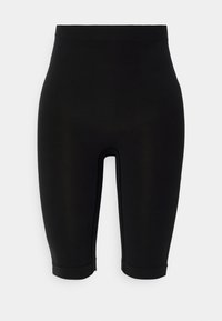 Black high-waisted cycling shorts made from stretchy fabric. Features a smooth texture and a knee-length cut with a simple design.