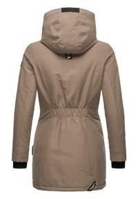 Beige parka with a cinched waist, hood, and black accents. Features long sleeves and elastic cuffs. Soft, textured fabric.