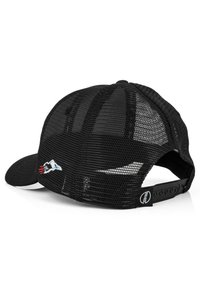 Black mesh cap with textured fabric, featuring a curved brim and adjustable snapback closure. Notable detailing includes an embroidered logo.