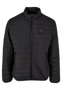 Black quilted jacket featuring a high collar, full zip closure, and zippered side pockets. Smooth texture with horizontal stitching pattern.