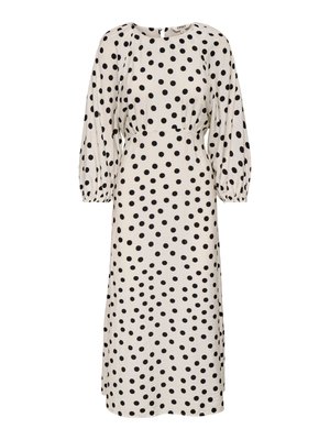 Weißes Midikleid mit schwarzen Polka-Dots, langen Puffärmeln, tailliert und rundem Ausschnitt.