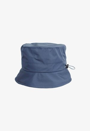 Blue waterproof bucket hat with a rounded crown, wide brim, adjustable drawstring, and a smooth texture. No visible patterns or accents.