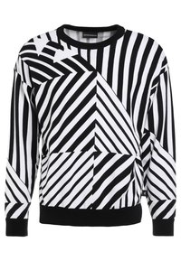 Schwarz-weiß gemustertes Sweatshirt mit diagonalen und horizontalen Streifen, Rundhalsausschnitt sowie gerippten Bündchen und Saum. Weiche Stofftextur.
