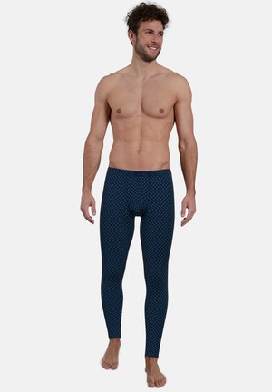 Leggings blu navy con un motivo a diamante, realizzati in tessuto elasticizzato. Design aderente, superficie liscia e taglio alla caviglia.