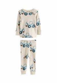 Beige Baumwolle Schlafanzugset mit langärmligem Oberteil und Hose, dekoriert mit blauen Traktoren und braunen Details, mit gerippten Bündchen.