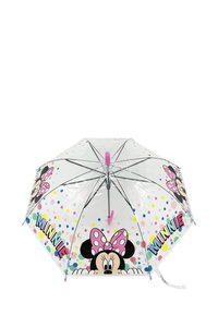 Transparente Regenschirm mit einem Cartoon-Charakter, der mit Punkten und bunten Akzenten dekoriert ist. Hat einen rosa Griff und ein schwarzes Metallgestell, entworfen für Kinder.