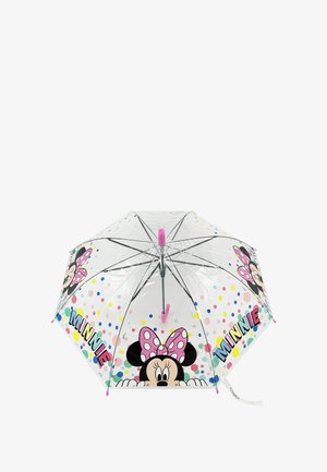 Clear umbrella featuring a cartoon character with polka dots and colorful accents. Has a pink handle and black metal frame, designed for children.