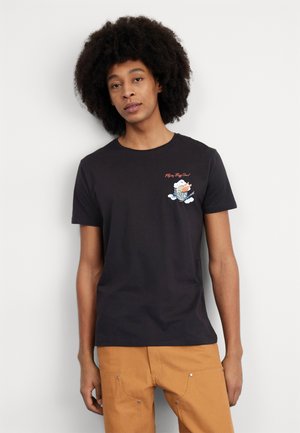 Black short-sleeve t-shirt made of cotton, featuring a graphic design on the left chest with cartoon elements and text.