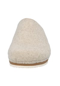 Beige Hausschuh aus Filzmaterial, runde Zehenform, strukturierte Oberseite, minimalistisches Design, mit einer hellbraunen Sohle.