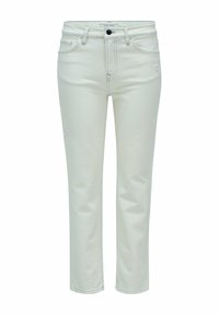 Jeans de mezclilla blanca con corte recto. Cuenta con cremallera, bucles para cinturón y un ligero desgastado en la parte frontal. Textura suave.