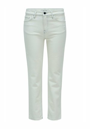 Jean en denim blanc avec une coupe droite. Comprend une fermeture à glissière, des passants de ceinture et un léger effilochage sur le devant. Texture lisse.