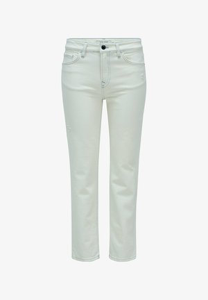 Jean en denim blanc avec une coupe droite. Comprend une fermeture à glissière, des passants de ceinture et un léger effilochage sur le devant. Texture lisse.