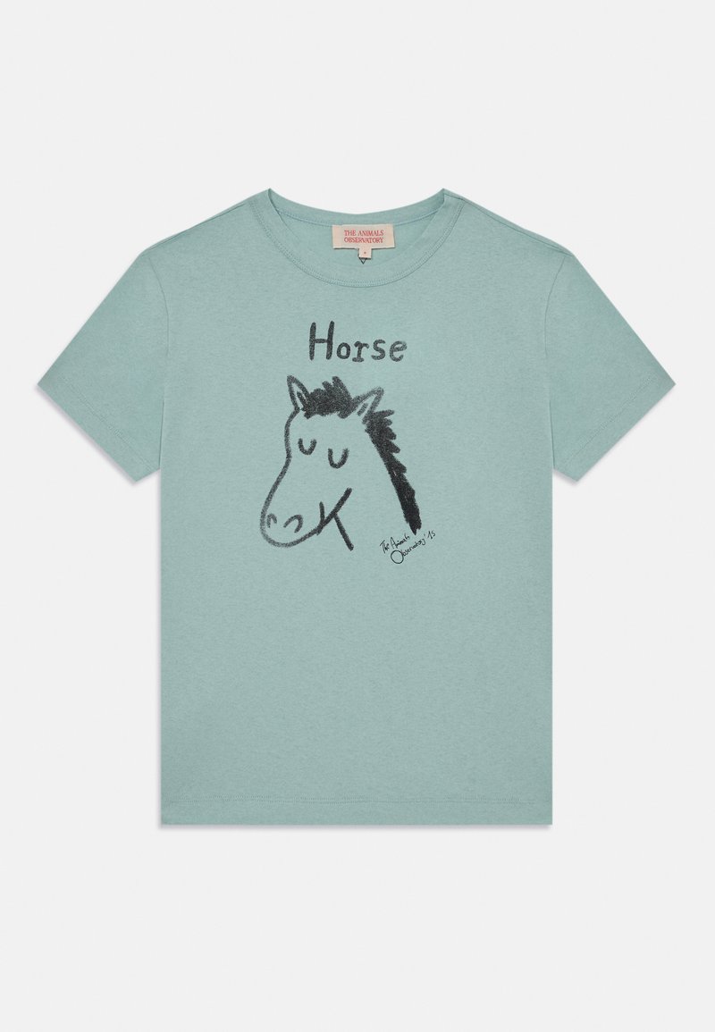 Kaksesidig t-skjorte i mintgrønn med en svart skisse av en hest og ordet "Hest" trykt over. Korte ermer, rund hals.