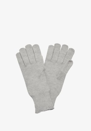 Graue gestrickte Handschuhe mit fünf Fingern, gerippten Bündchen, glatter Textur und schlichten Design, geeignet für die Nutzung bei kaltem Wetter.