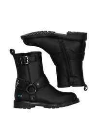 Zwarte leren enkellaarzen met een gestructureerde afwerking, ritssluiting, verstelbare bandjes en rubberen zolen met een profiel.