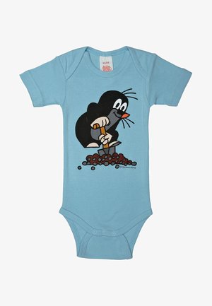 Light blue baby onesie with cartoon mole digging with a shovel over a pile of brown rocks.