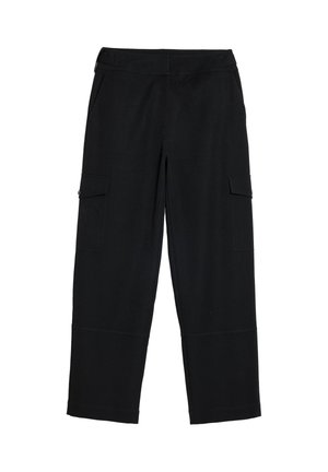 Black cargo pants made of a soft fabric, featuring a relaxed fit, side pockets, and a straight leg cut. Simple, versatile design.