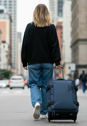 Vrouw met blond haar, zwarte trui en blauwe spijkerbroek loopt over een straat in de stad en trekt een blauwe koffer met wielen.