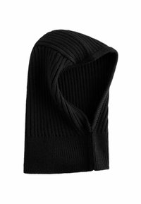 Schwarze gerippte Balaclava aus gestricktem Stoff. Hat ein enganliegendes Design und eine strukturierte Oberfläche, ideal für kaltes Wetter.