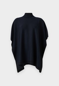 Poncho navy con colletto alto, realizzato in tessuto morbido, caratterizzato da una vestibilità ampia, bordi dritti e un sottile bordo nero lungo l'orlo.