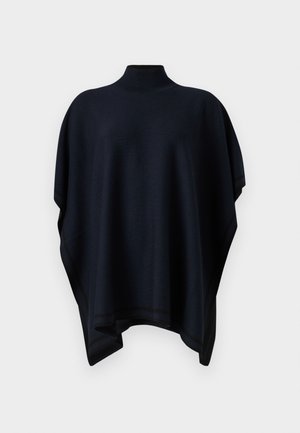 Poncho navy avec un col haut, fabriqué en tissu doux, présentant une coupe ample, des bords droits et un discret bord noir le long de l'ourlet.