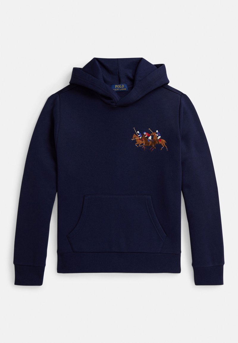 Sweatshirt com capuz azul-marinho, com bolso frontal tipo canguru, apresentando um bordado de três jogadores de pólo a cavalo. Tecido macio, corte descontraído.