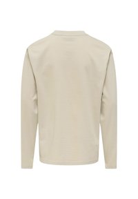 Koszulka z długim rękawem w jasnym beżu, wykonana z miękkiego materiału. Posiada luźny krój oraz prosty okrągły dekolt z minimalnymi detalami przeszycia.