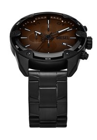 Montre en acier inoxydable noir avec un cadran marron, dotée de trois sous-cadrans, d'accents argentés et d'une fenêtre de date à 6 heures.