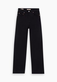 Jean noir droit avec bouton à l'avant et détails des poches, présenté sur fond blanc.