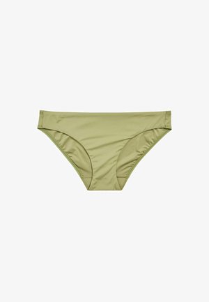 Khaki-grüner Bikini-Unterteil, hergestellt aus glattem Stretchstoff. Verfügt über moderate Bedeckung, geschwungene Seiten und einen nahtlosen Taillenbund für Komfort.