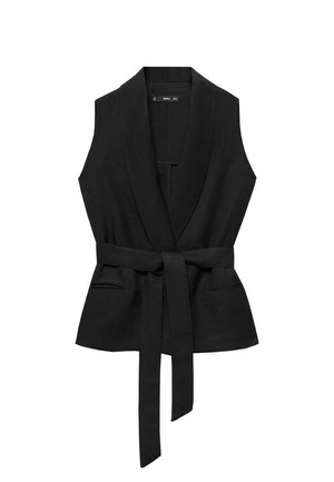 Schwarwestes ärmellose Wickeljacke mit breiten Revers und einem langen Stoffgürtel, der an der Taille gebunden ist, und zwei aufgesetzten Fronttaschen.