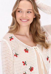 Strickjacke mit offenem Gewebe, in off-weiß mit roten floralen Stickereien. Vorderer Knotenverschluss und strukturierte Ärmel.