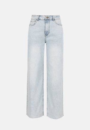 Vaaleansiniset korkeavyötäröiset leveälahkeiset farkut, joissa on edessä nappi- ja vetoketjusuljin, etu- ja takataskut sekä viimeistelemätön helma.