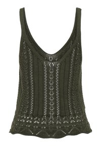 Olive green knitted tank top featuring a deep V-neck, textured vertical stripes, and a scalloped hem with an open lace pattern.
