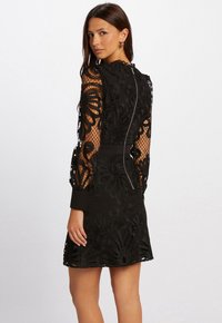 Robe en dentelle noire avec des motifs floraux, des manches longues transparentes, un col montant et une fermeture éclair au dos. Longueur en dessous du genou avec une finition texturée.