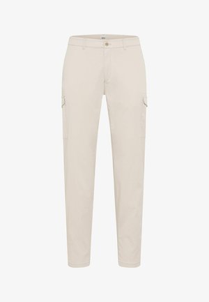 Beige Cargohose mit geradem Bein, Seitentaschen mit Klappen, Knopf vorne und Gürtelschlaufen, dargestellt vor weißem Hintergrund.