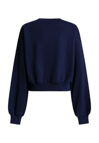 Sudadera corta azul marino con escote redondo, mangas largas abullonadas y puños acanalados. Tejido suave con textura lisa.